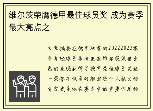 维尔茨荣膺德甲最佳球员奖 成为赛季最大亮点之一 维尔茨荣膺德甲最佳球员奖 成为赛季最大亮点之一