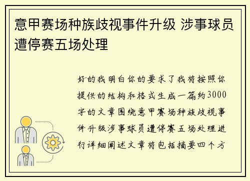意甲赛场种族歧视事件升级 涉事球员遭停赛五场处理