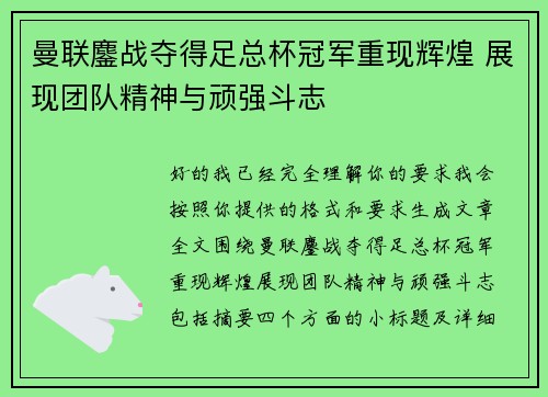 曼联鏖战夺得足总杯冠军重现辉煌 展现团队精神与顽强斗志